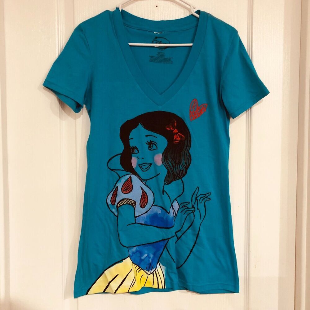 Disney Women's T-Shirt Show White V-Neck Cotton Short Sleeve Blue Size Large